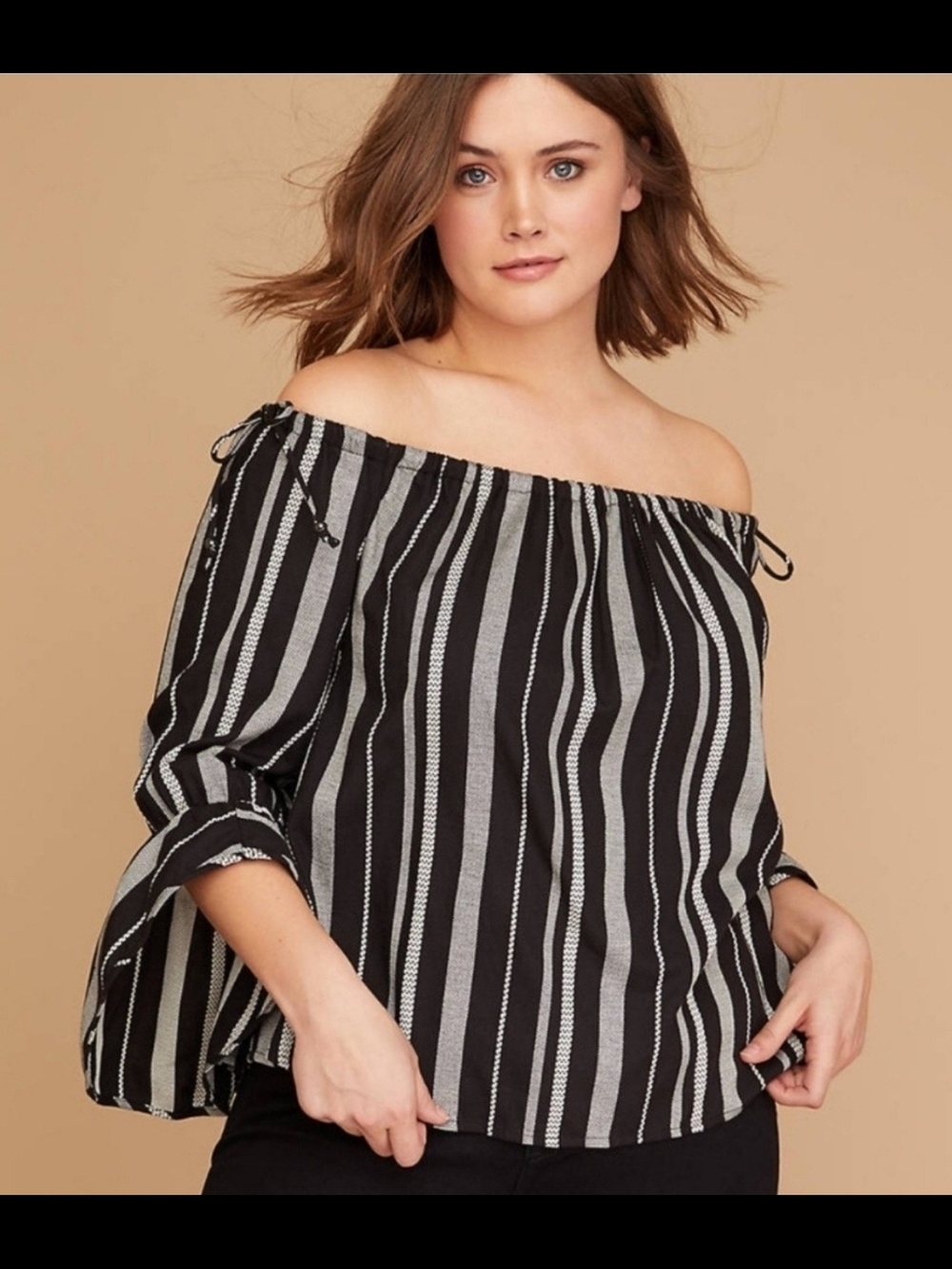 Lane Bryant Black & White Striped Off-Shoulder Blouse